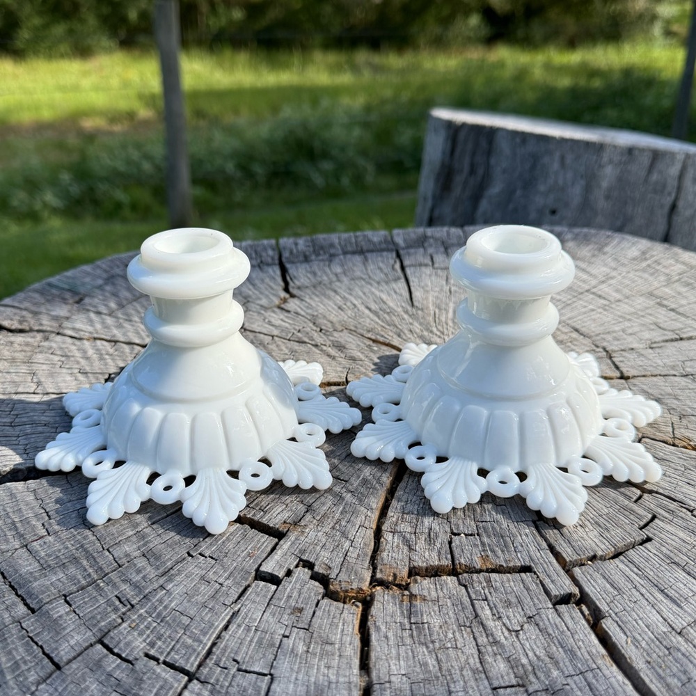 Pair of Beautiful Vintage Westmoreland Milk Glass Candleholders